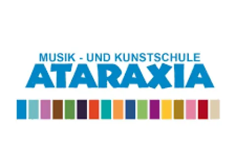 Blaue Schrift in Großbuchstaben mit bunter Rasterlinie