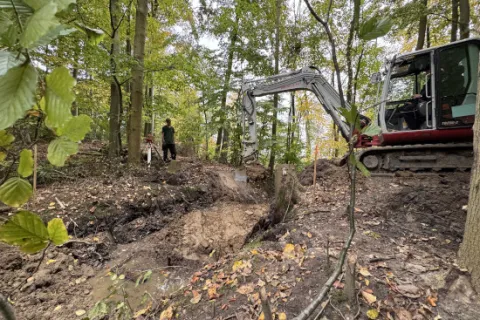 Bagger an einer Soleschwelle im Moor
