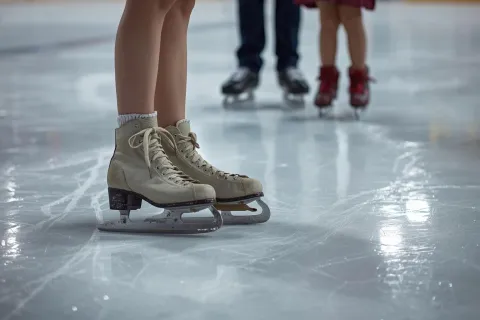 Nahaufnahme von den Schlittschuhen von drei Personen auf dem Eis. 