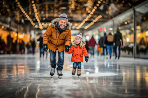 Ein Mann und Mädchen fahren Hand in Hand auf einer beleuchteten Eisbahn Schlittschuh.