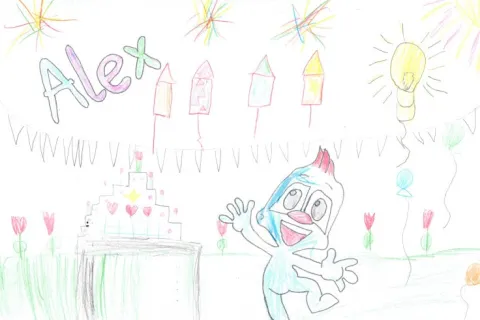 bunte Kinderzeichnung mit einem blauen Maskottchen