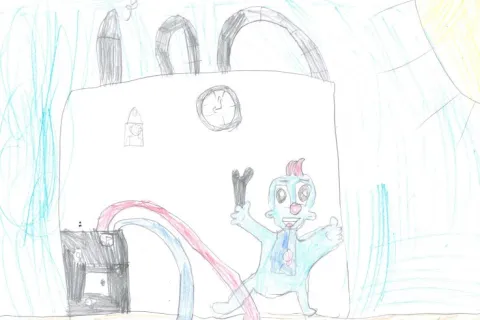 Kinderzeichnung mit einem Kraftwerk und Erdwärmeleitungen