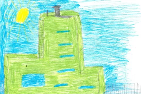 Kinderzeichnung von einem grünen Kraftwerke