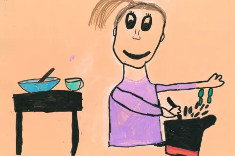 Kinderzeichnung zeigt eine kochende Frau