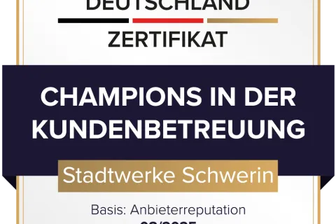 FAZ-Siegel "Champions in der Kundenbetreuung 2025" für die Stadtwerke Schwerin in Form eines Wappens