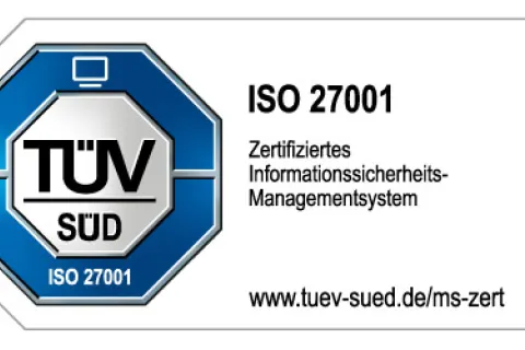Blaues Wappen vom TÜV Süd, daneben der Schriftzug ISO 27001 Zertifiziertes Informationssicherheits-Managementsystem