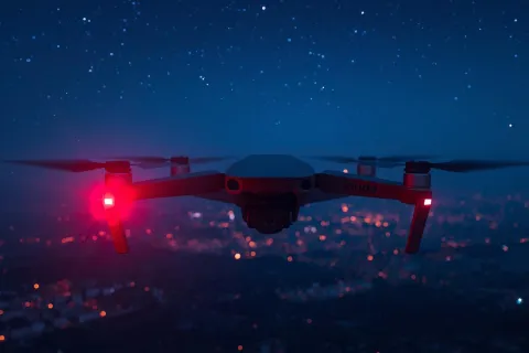 Nahaufnahme einer Drohne in der Nacht.