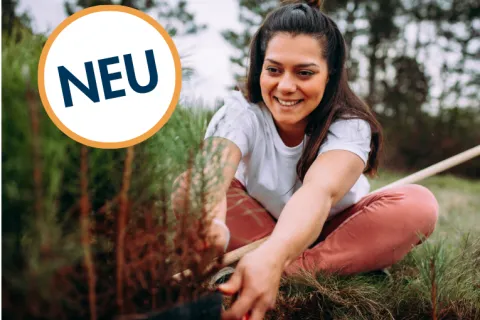 Eine Frau pflanzt einen Baum.