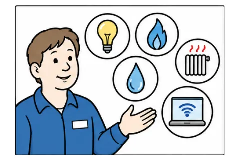 Mitarbeiter der Stadtwerke zeigt Symbole für Strom, Gas, Wärme, Wasser und Internet.