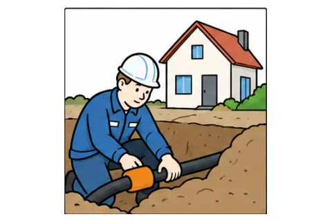 Mitarbeiter der Stadtwerke verlegt einen Hausanschluss vor einem Wohnhaus.