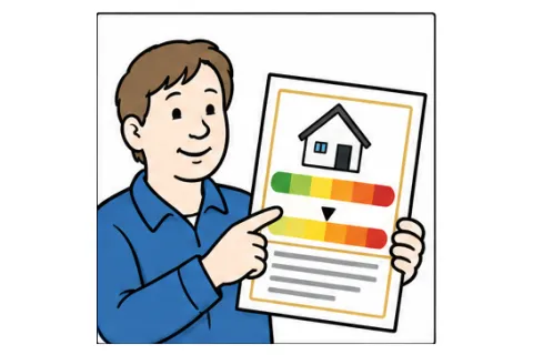 Mitarbeiter der Stadtwerke zeigt einen Energieausweis für ein Wohnhaus.