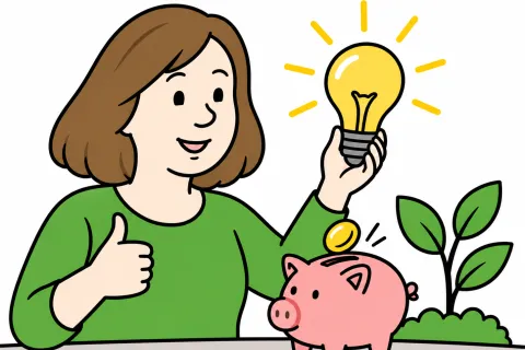 Frau mit leuchtender Glühbirne und Sparschwein als Symbol für Energiesparen.