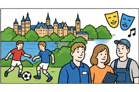 Menschen bei Sport, Kultur und Arbeit vor der Schweriner Stadtkulisse.