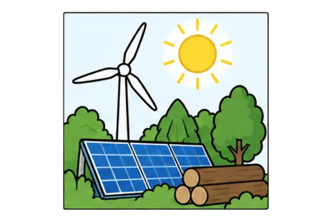 Windrad, Solaranlage und Holz als Beispiele für erneuerbare Energien.