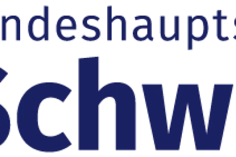 Pictogramm des Stadtwappens, dem goldenen Reiter mit Text "Landeshauptstadt Schwerin".