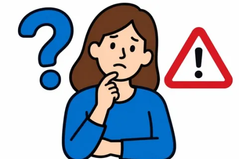 Eine Frau steht zwischen einem Fragezeichen und einen Ausrufezeichen.