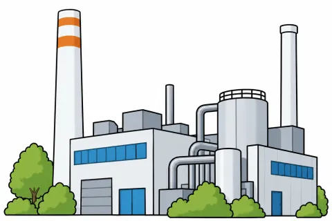 Heizkraftwerk mit Schornsteinen und Rohrleitungen