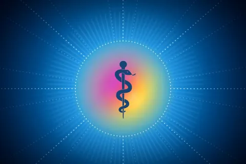 Typisches Sinnbild für Medizin: eine Schlange umwickelt einen Stab auf einem kreisförmigen regenbogenfarbenen Kreis, der nach Außen ins Schwarze übergeht.