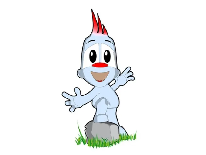 Maskottchen Alex - freundlicher blauer Kobold mit rotem Haar.