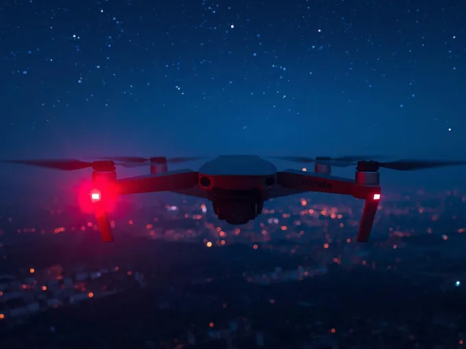 Nahaufnahme einer Drohne in der Nacht.