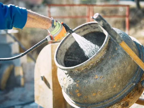 Ein Bauarbeiter füllt Wasser in einen Betonmischer.