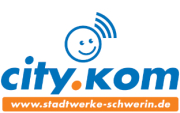 Logo city.kom in weiß, blau und orange.