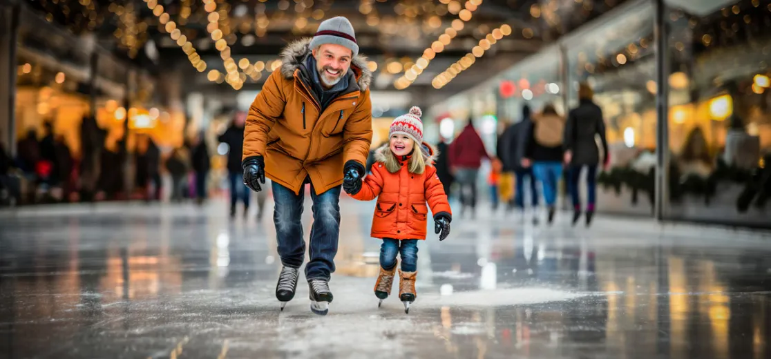 Ein Mann und Mädchen fahren Hand in Hand auf einer beleuchteten Eisbahn Schlittschuh.