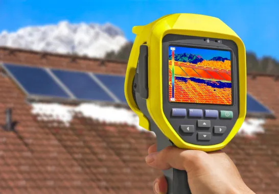 Eine Thermografiekamera macht eine Aufnahme von einer Photovoltaikanlage.