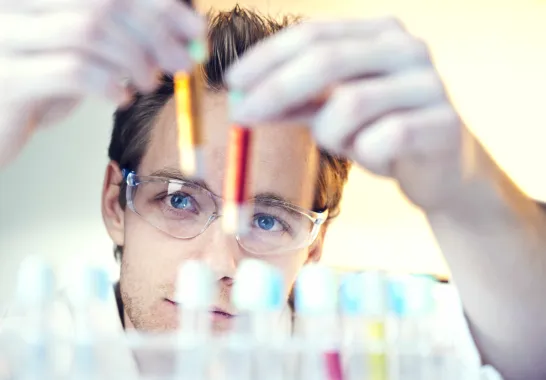 Ein Chemielaborant schaut sich Reagenzgläser an.