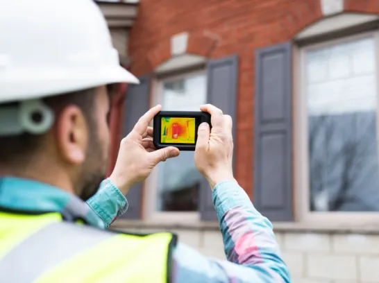Mann macht Foto von Haus mit Wärmebildkamera