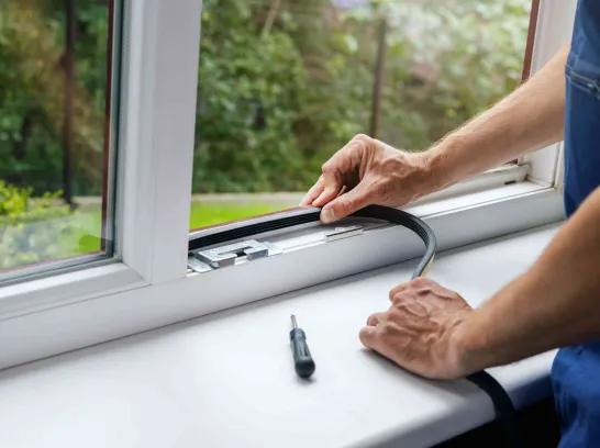 Ein Mann dichtet sein Fenster ab.