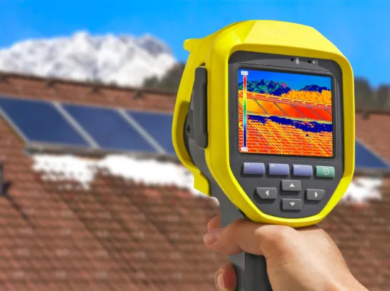 Eine Thermografiekamera macht eine Aufnahme von einer Photovoltaikanlage.