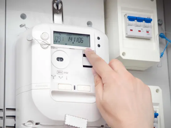 Ein Mensch liest einen Stromzähler ab.