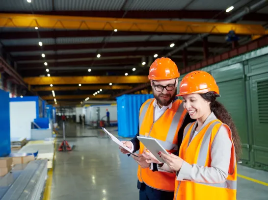 Zwei Mitarbeitende stehen in einer Produktionshalle und schauen auf ein Tablet