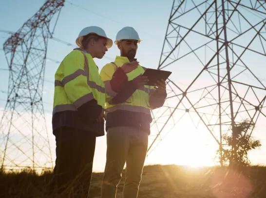 Ein Mann und eine Frau stehen mit einem Tablet vor einem Strommast.
