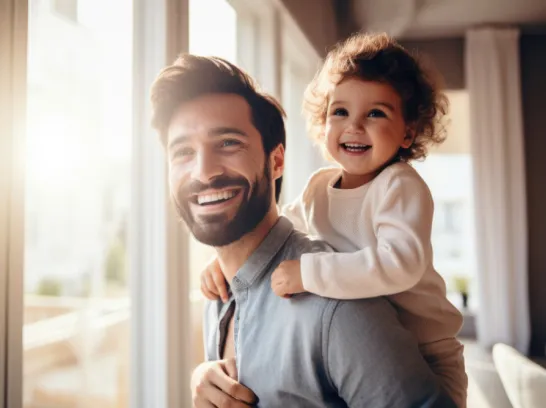 Ein glücklicher Vater trägt sein Kind Huckepack.