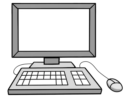 Ein Computer mit Maus, Tastatur und Bildschirm.