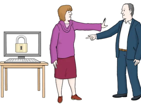Eine Person beschützt einen Computer. Auf dem Bildschirm ist ein Schloss. Eine andere Person will an den Computer. 