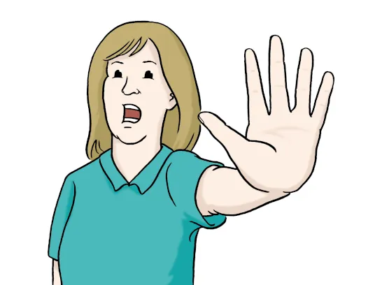 Eine Frau hält die Hand vor ihren Körper. Sie zeigt mit der Hand: Stopp.