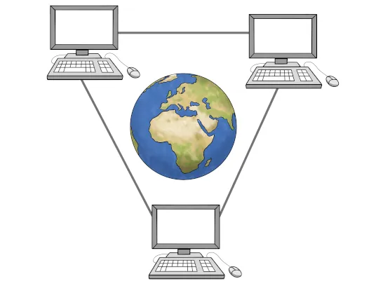 Drei Computer stehen an den Ecken eines Dreiecks. In der Mitte ist die Erde.