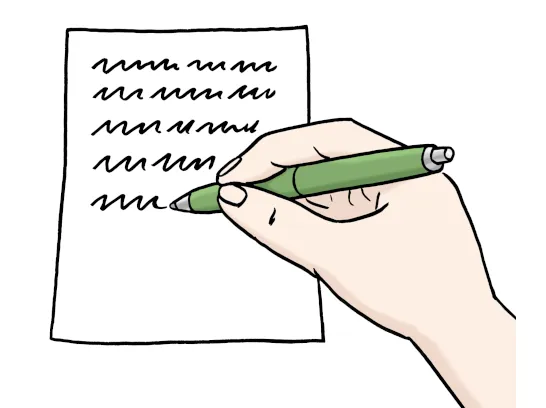 Eine Hand hält einen Stift. Sie schreibt auf ein Blatt Papier.