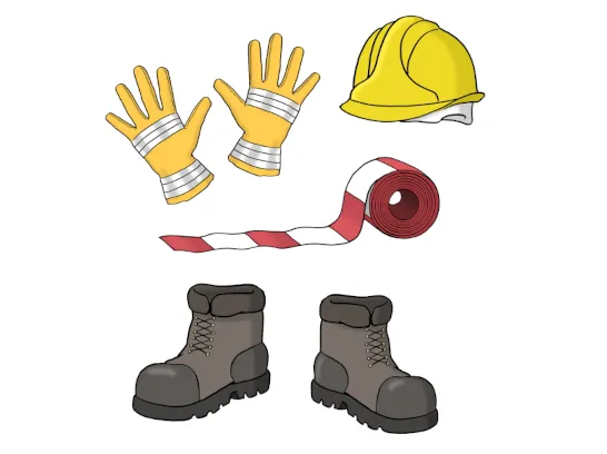 Schutzhelm, Arbeitshandschuhe, Arbeitsschuhe, Absprerrband