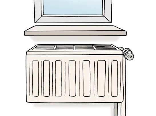 Eine Heizung unter einem Fenster mit Fensterbrett