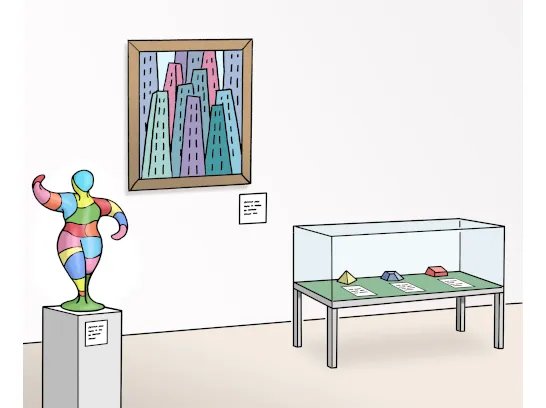 Ausstellungsraum im Museum mit Bild, Skulptur und Vitrine