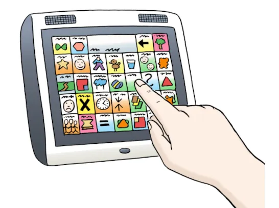 Eine Hand bedient einen Sprachcomputer