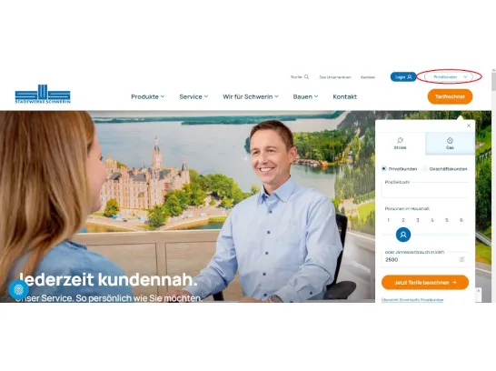 Kopfbereich der Internetseite mit rot markiertem Auswahlbereich