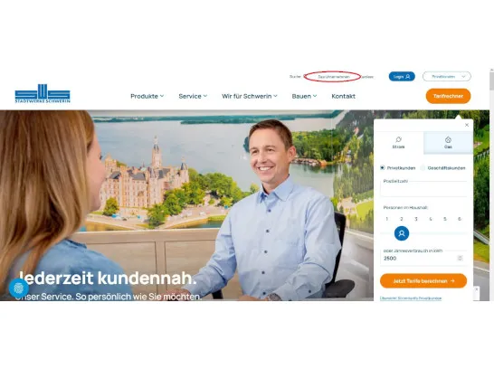 Kopfbereich der Internetseite mit rot markiertem Link Das Unternehmen