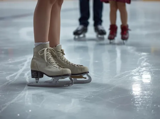 Nahaufnahme von den Schlittschuhen von drei Personen auf dem Eis. 