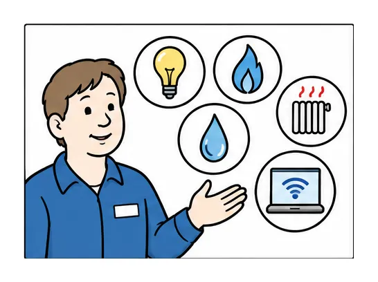 Mitarbeiter der Stadtwerke zeigt Symbole für Strom, Gas, Wärme, Wasser und Internet.