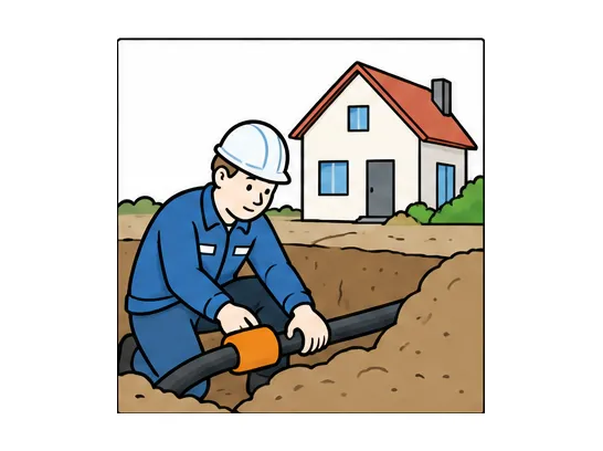 Mitarbeiter der Stadtwerke verlegt einen Hausanschluss vor einem Wohnhaus.
